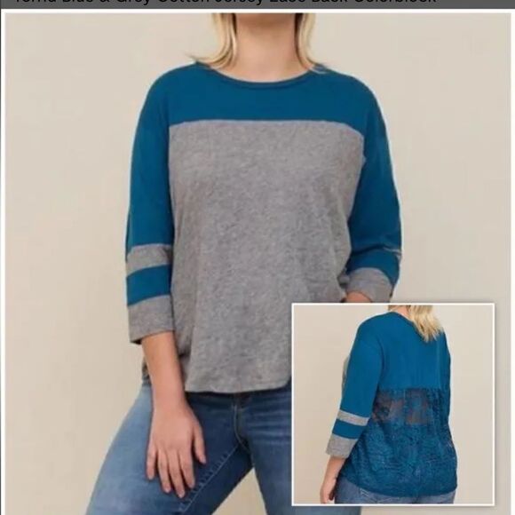 Torrid Blue & Grey Cotton Jersey Lace Back Colorblock Varsity Stripe Tee - Picture 2 of 9